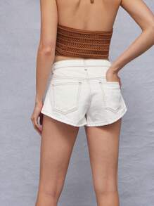 WESTFADE Summer High Rise Cute Flap Pockets A Line Curved Hem Western Country Denim Jean Shorts - White - View 3