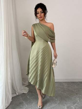 Rafferiza 女士优雅雪纺垂坠单肩褶皱长裙，闪亮，春夏