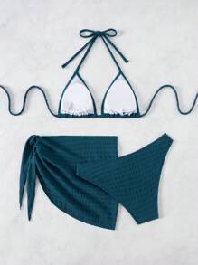 Swim Basics Set de 3 piezas de bikini de mujer con Top tipo halter de unicolor, Bottom en triángulo y falda pareo - Azul Marino - Ver 2