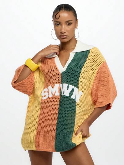 SUMWON WOMEN Oversized Crochet Knit Polo Top Summer Beach Cover Netted Mesh Poolside Resort Wear Sporty Streetwear Casual Weekend Slouchy Pull-Over,Tops For School