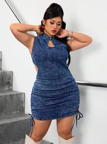 SHEIN ICON Plus Size Women Sleeveless Denim Dress With Waist Cutout And Pleats, Figure Flattering - Navy Blue - View 1