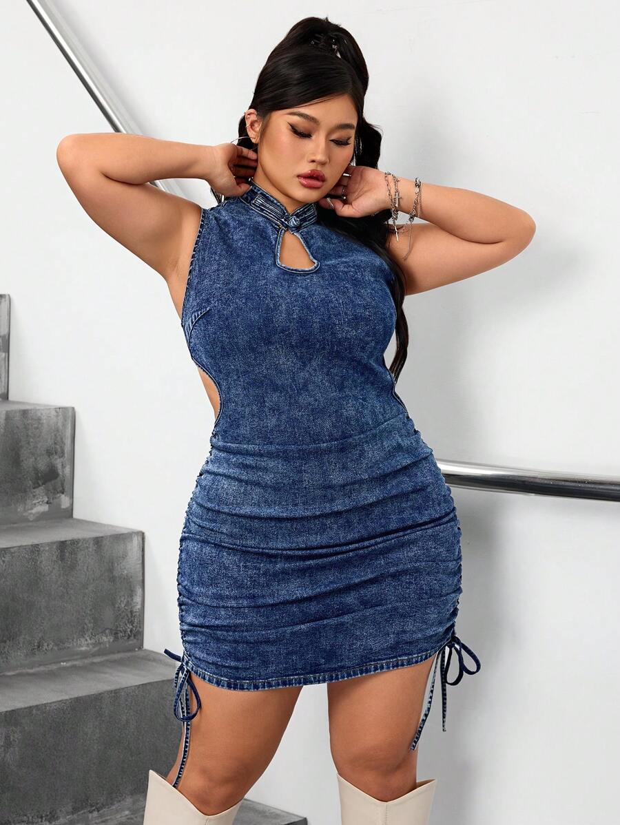 SHEIN ICON Plus Size Women Sleeveless Denim Dress With Waist Cutout And Pleats, Figure Flattering - Navy Blue - View 1