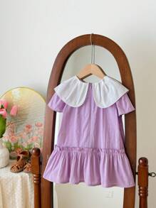 SHEIN Lovely Summer Mori Girl Purple Peter Pan Collar Short Sleeve Dress For Babygirl - Purple - View 2
