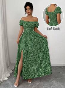 Rafferiza 女士度假浪漫优雅碎花褶皱泡泡袖收腰 A 字休闲节日情人节场合蝴蝶结后背吊带连衣裙，多种穿着风格，春夏新品毕业春季连衣裙海滩女士服装太阳开衩长款连衣裙 - 墨綠色 - 查看 7