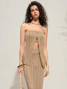 SHEIN LUNE 2pcs Women's Elegant & Charming Sexy Hollow Knitted Bandeau Top Set - Khaki - View 1