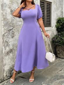 SHEIN Clasi Plus Size Elegant Solid Color Puff Sleeve Dress, Summer