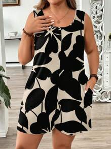 EMERY ROSE 母亲节休闲卡其色花卉印花加大码宽肩带连体裤，宽松版型，适合度假，春夏季