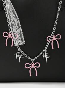 ROMWE Kawaii Bộ 2 món/Bộ thời trang nữ tính dây chuyền bạc ren nơ ngôi sao phụ kiện túi + nơ acrylic rỗng ngọc trai giả nhựa ngôi sao trái tim móc khóa tự làm, phong cách Hàn Quốc dễ thương dành cho phụ nữ, thích hợp để đeo hàng ngày và làm quà tặng ngày lễ - Hồng - Xem 5