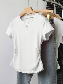 SHEIN Explorewe Set de 5 camisetas de manga corta con cintura ceñida de unicolor para niñas preadolescentes, casuales y versátiles