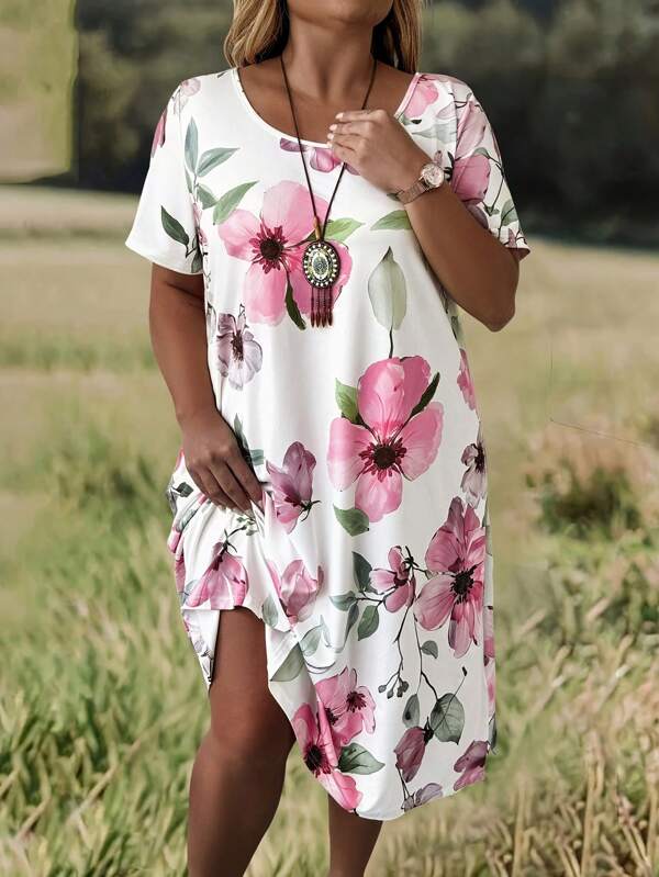 EMERY ROSE Rochie de damă cu mânecă scurtă, cu gât turnu, mărime mare, lejeră, elegantă, cu imprimeu floral