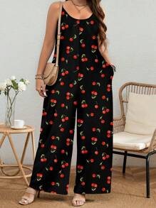 EMERY ROSE Plus Size Casual Cherry Print Sleeveless Long Jumpsuit With Pockets: Black Knitted Wide-Leg Pants Suitable For Going Out,Flower/Spring/Summer/Vacation - Black - View 3