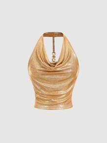 SHEIN MOD 优雅垂褶领亮片女式上衣，金色上衣，亮片上衣，适合锐舞派对、毕业典礼、乡村音乐会、休闲场合 - 金色 - 查看 5