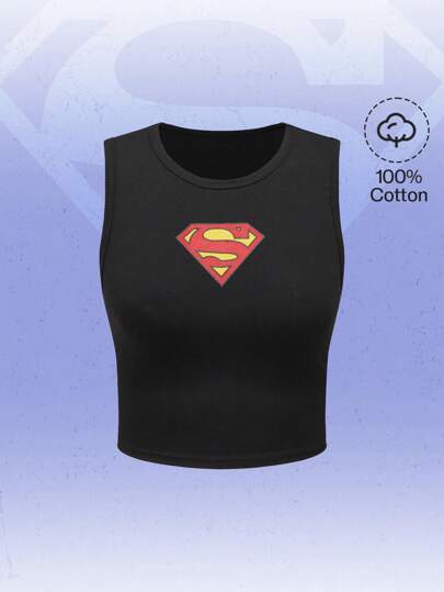 SUPERMAN X ROMWE Women Logo Print Fitted Cropped Tank Top, Summer