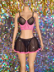 1 Set Sequined Mesh Metal Decor Lingerie Set With Underwire, 3 Pieces - Multicolor - View 7