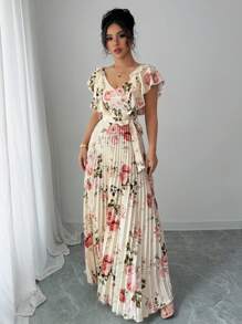 Elenzga V-Ausschnitt Digitaldruck Blumen Urlaubs Volant Taille A-Linie elegantes romantisches Damenkleid