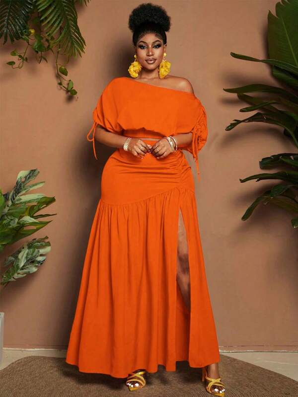 Maweii Plus Size Vacation Casual Solid Asymmetrical Neck Top And High Slit Skirt 2 Pieces Set