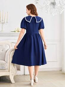 Vestido elegante y dulce con decoración de lazo en el cuello azul marino, de longitud media, con cintura ajustada y mangas cortas. Vestido de línea A ajustado a la cintura y de largo hasta la pantorrilla para chicas adolescentes.