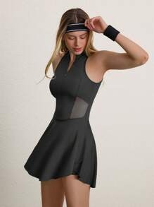 CourtClass Yoga Sports Mini Collar Dress, Fashionable & Suitable For Summer - Black - View 8