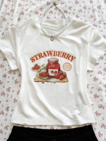 INAWLY T-shirt casual à manches courtes pour femmes avec impression de fraise et de lettre, t-shirt d'été