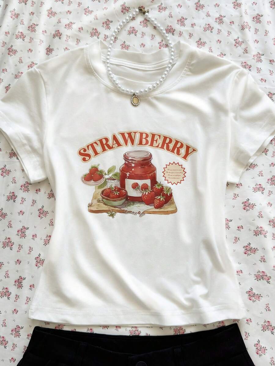 INAWLY Camiseta casual de manga corta con estampado de fresa y letras para mujer, camiseta de verano