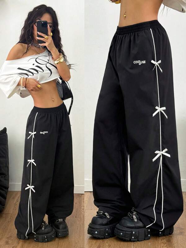 Coolane Women's Spring/Summer Vintage Streetwear Y2K Music Festival Bow Black Wide Leg Sweatpants