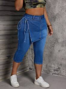 SHEIN CURVE+ Jeans skinny court grande taille avec sangles latérales pour femmes