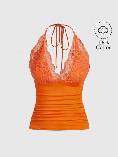 Neckholder Top mit kontrastierender Spitze und Rüschen