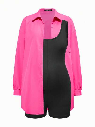 Modmama 2 piezas Conjunto de Maternidad - Camisa de manga larga y mono ceñido de unicolor