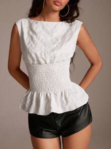 TRNVIE Women's Elegant Jacquard Fabric Ruffle Hem Tank Top, Summer - White - View 6