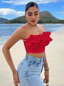 SHEIN SXY Women's Solid Color Simple Fashionable Top, Suitable For Summer Tube Top - Red - View 5