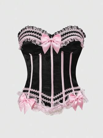 Women's Vintage Palace Style Lace Bowknot Contrast Color Bustier Crop Top For Tea Party