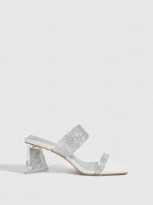 CUCCOO SZL Sandalias de diapositiva de gelatina plateada y transparente con tiras anchas, puntera cuadrada, tacón grueso, cristales brillantes y diseño glamoroso y sexy, adecuadas para fiestas de verano, festivales de música, bares, discotecas y vacaciones - Plateado - Ver 9