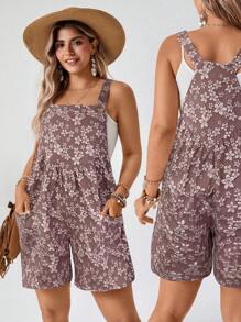 SHEIN LUNE Plus-Size Women'S Boho Summer Khaki Jacquard Fabric Sleeveless Suspenders With Side Pockets Designed For Everyday Casual Romper - Dusty Pink - View 2