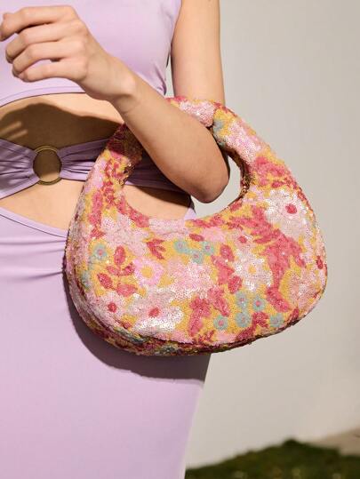 SHECARRY Women's Fashion Elegant Sequin Floral Pattern Handbag