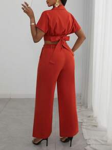 Slaydiva 2025 Summer New Style Mother's Day Birthday Party Graduation Season Student Wear Daily Outing Basic And Versatile Leisure Vacation Cruise Travel Beach Seaside Sunbathing Internet Celebrity Hot Style Elegant Commuter Business Casual Shirt Collar Twist Tie Cropped Ladies Top And Straight Pants Japanese Button Eyelet Belt Brick Red Summer Suit Ladies Two-Piece Suit - Redwood - View 5