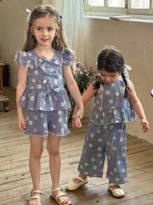 LMoss Kids LMoss 2pcs Young Girl Casual Striped Chiffon Blouse With Shorts Set,Suitable For Spring And Summer - Blue and White - View 5