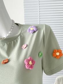 Chiquease 女士 3D 花卉装饰休闲日常 T 恤 - 綠色 - 查看 3