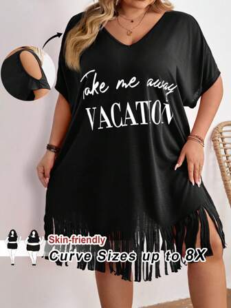 SHEIN CURVE+ 大码女式 V 领流苏下摆图案印花海滩度假连衣裙，女士夏日海滩装/海滩连衣裙/海滩度假装/海滩必备品/毕业/茶会礼服