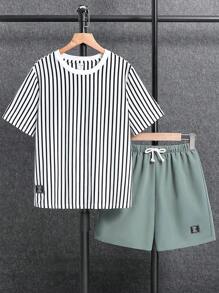 SHEIN 2pcs Tween Boys' Casual Striped Short Sleeve T-Shirt And Shorts Set, Streetwear Punk Rock Preppy Style For Daily Wear, Parties, Music Festivals, Spring/Summer