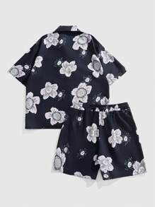 ROMWE MEN Casual 2件套男士动漫印花夏威夷衬衫和短裤套装 - 彩色 - 查看 2