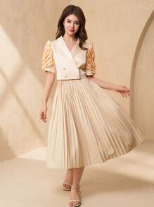 SHEIN 2 件套优雅花卉贴花短袖夹克 + 针织百褶裙套装，适合少女 - 杏色 - 查看 3