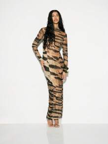 KIZN Abito lungo aderente con maniche lunghe e motivo a strisce di tigre in rete, collo alto, arricciato, per eventi serali, feste, occasioni speciali, stile elegante e vistoso