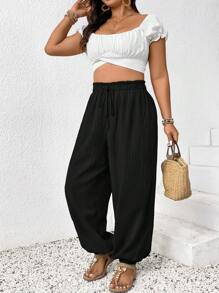 SHEIN Frenchy Plus Size Solid Color Paper Bag Waist Tied Casual Wide Leg Pants