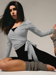 Athîral Women's Casual Knitted Wrap Crop Top: Light Grey Asymmetrical Neckline With Long Sleeves And A Stylish Tie Detail - Light Grey - View 1
