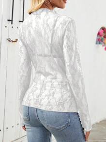 SHEIN Tall Women's Country Cowgirl Casual Vacation Black Embroidered Lace Sheer Long Sleeve Top, Summer Fall Cloth For Women - White - View 7