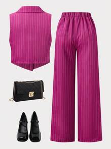 2 件套 Tween Girl 优雅都市通勤蓝白条纹背心和裤子套装