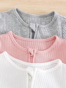 SHEIN 3pcs Newborn Baby Boy Soft Comfy Long Sleeve Zip Front Ribbed Knit Romper Set - Multicolor - View 3
