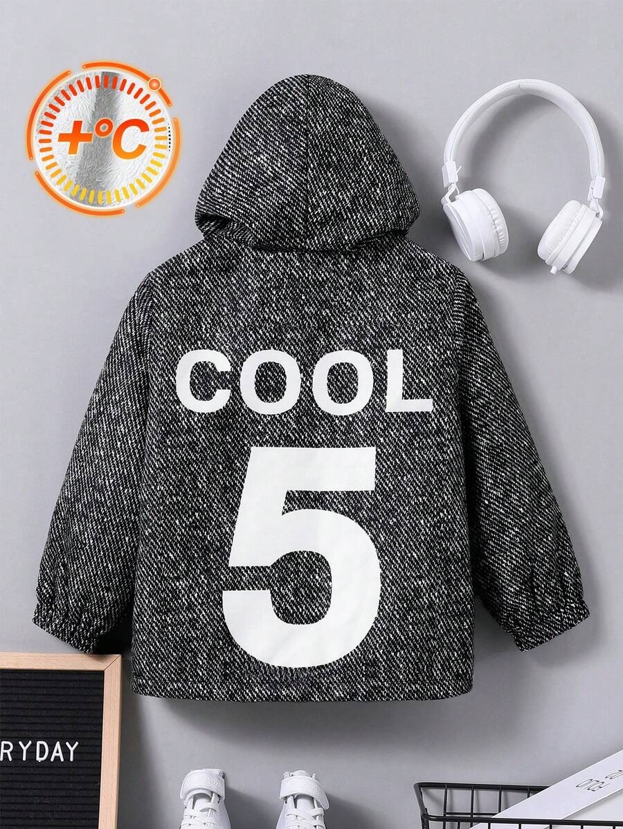 SHEIN 男小童字母圖案連帽加絨內裏外套 - 彩色 - 查看 1