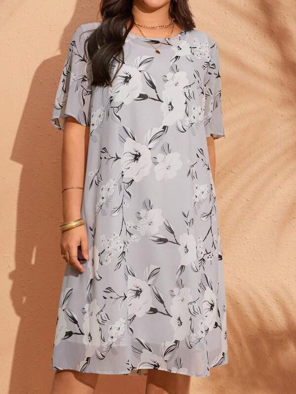 EMERY ROSE Große Größen Sommer Lässig Kleid mit Blume Muster, ländlicher Lässig Urlaubsoutfit für Frauen, einfach und modisch für den Alltag, Sommer Tops für Frauen, Sommer Outfits für Frauen, Urlaubsoutfits für Frauen, Bürooutfits, Urlaubsoutfits für Frauen, Sommer Outfits für Frauen, Festival Boho, Urlaubsoutfit