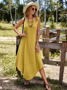 SHEIN LUNE Solid Button Detail Asymmetrical Hem Tank Dress - Yellow - View 3